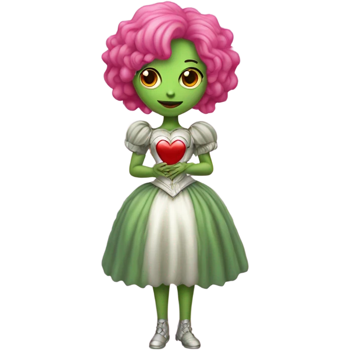 a green amazon alien woman in Victorian white gold, pink hair,holdig, red big hearth, full body emoji