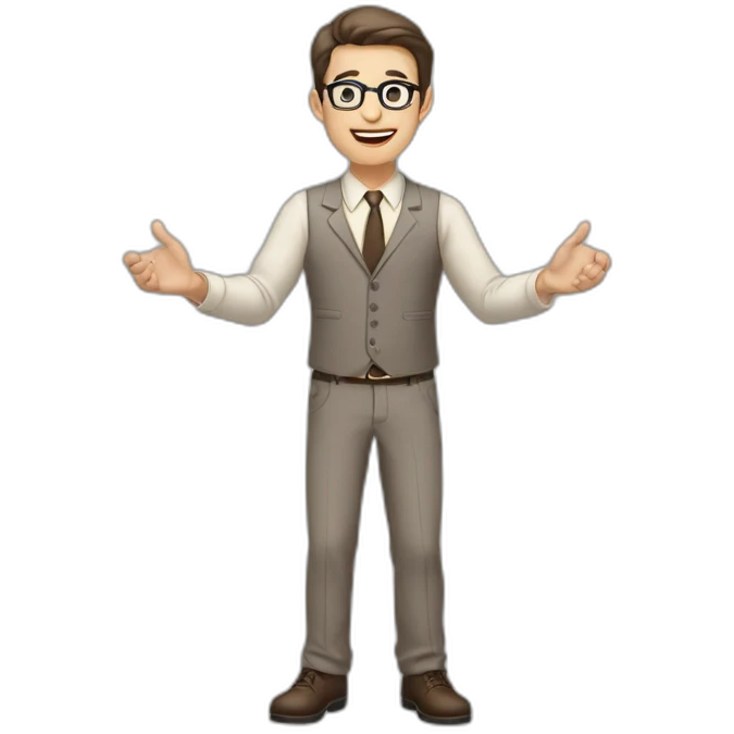 To belt Actively gesturing with hands 👌 Pale skinned fit man with dark brown hair in gray jacket, beige office shirt, brown tie, brown pants and vintage glasses. emoji