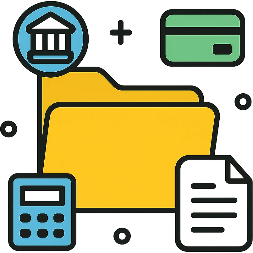 Closed folder icon with small symbols floating around: bank building, credit card, calculator, and document – organized financial archive emoji