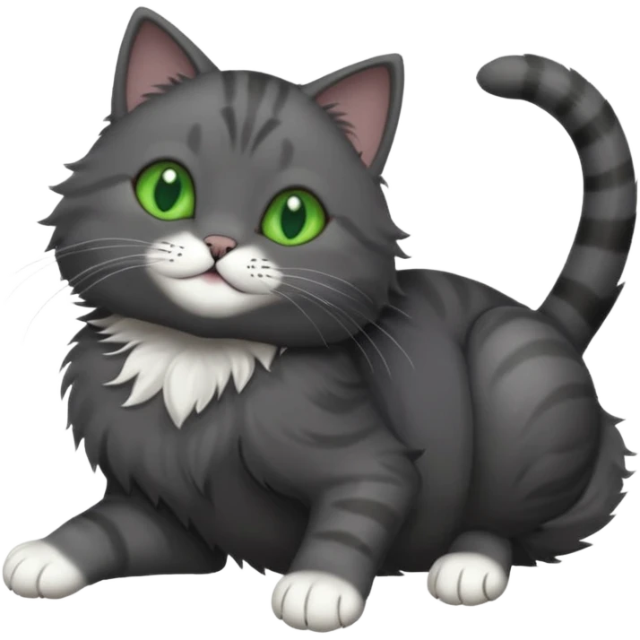 solid dark grey cat with green eyes, completely solid grey face, white toes/paws playfully rolling upside down emoji