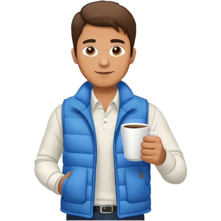 full body man wearing long sleeve white shirt with blue puffy winter vest holding a cup of coffee in front of him and nothing in his other hand emoji