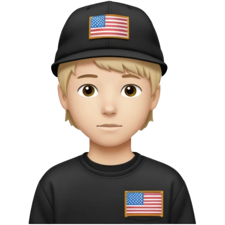 white  teen boy with short mullet haircut and black American flag flat bill hat at and wearing Carhartt sweatshirt emoji