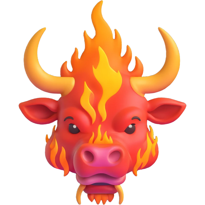 text 'NBS' in front of a stylized 3D bull, both outlined in flames, transparent background, Discord emoji style emoji