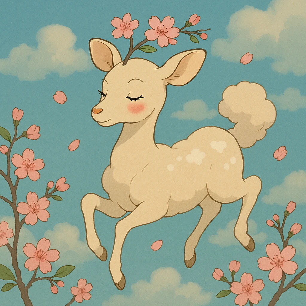 feminine adult vanilla cloud doe with rosy cheeks and cherry flowers, floating gracefully, Ghibli style emoji