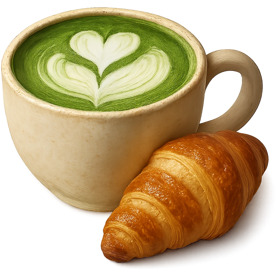 Make the matcha latte with croissant more detailed, add realistic textures and shading, keep the inviting and cozy icon style. emoji