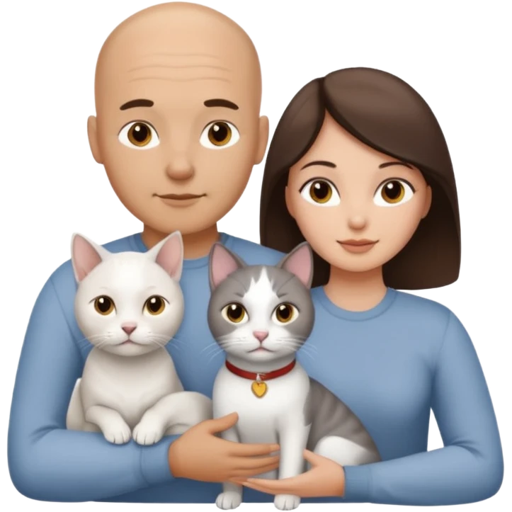 Bald guy and brunette girl with a white dog and Grey cat emoji