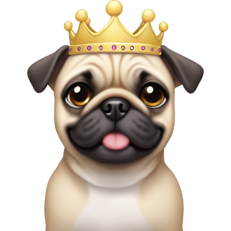A cheerful little dog breed pug in pink dress with diademanny on head. emoji