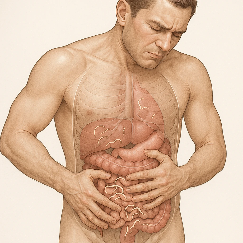 realistic anatomical man with abdominal pain, transparent intestine showing light beige worms, medical style emoji