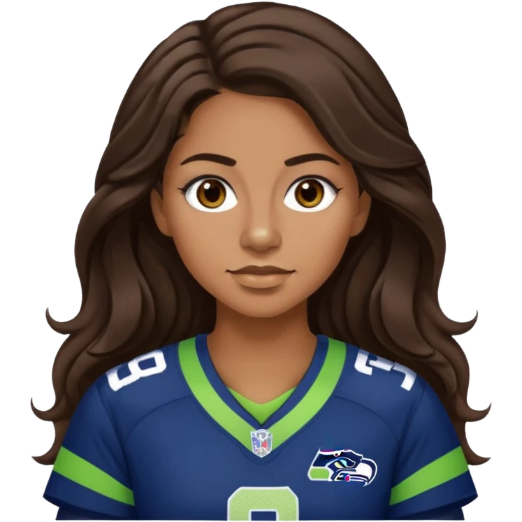 Long wavy Dark brown hair, brown eyes with small nose ring of seahawks fan women emoji