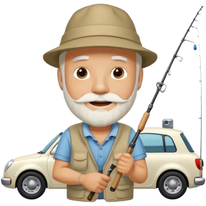 Открытка С Днем рождения дедушке с бородкой. ему 72 года. без текста. тема белый автомобиль и рыбалка. emoji