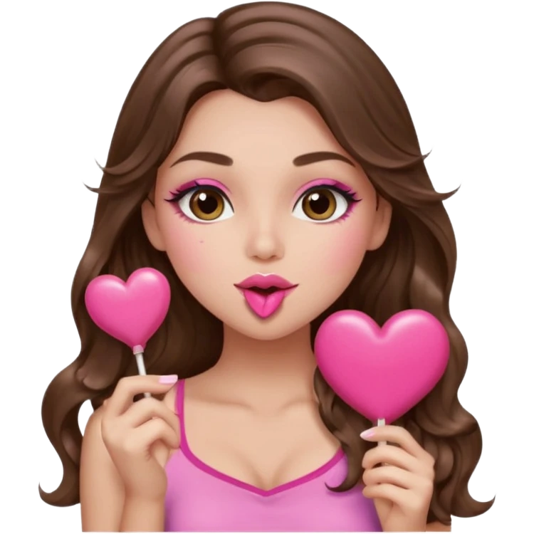 girl with long wavy brown hair, brown eyes, long lashes makeup, sexy pink lips, light to medium complexion, wearing a pink sexy top, blowing a kiss, heart lillipop emoji