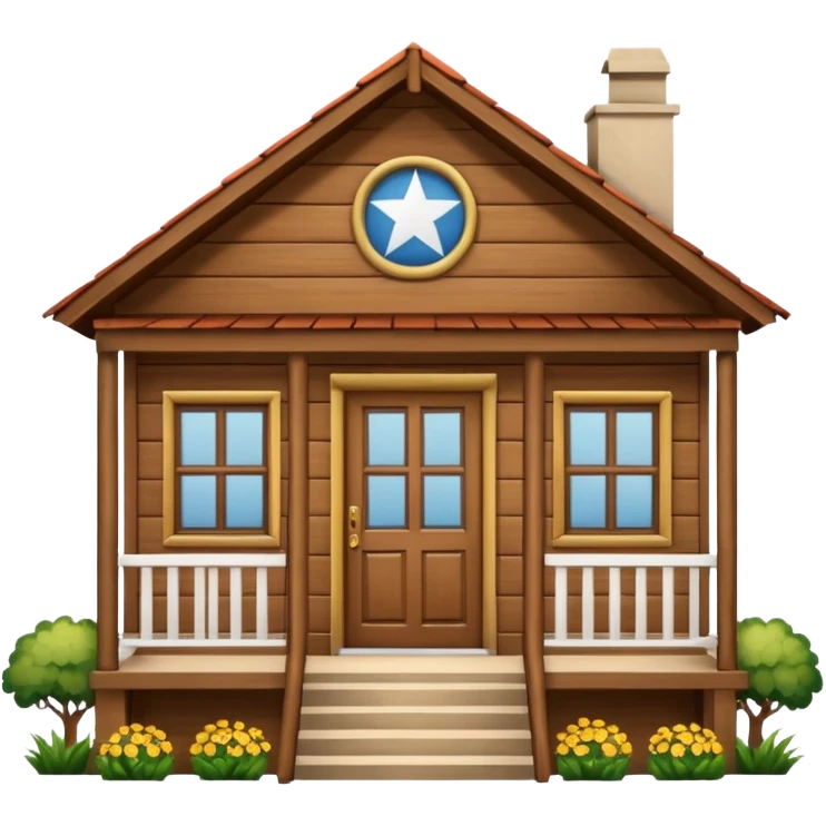 A wooden house typical of Puerto Rican rural neighborhoods, with a simple and cozy design featuring a central functional door, two symmetrical windows, a front porch with open railings, and space for a rocking chair. Emoji style, brown and wooden. emoji