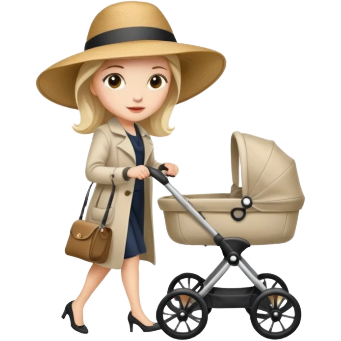 A stylish mother wearing a wide-brim hat, pushing a stroller. emoji