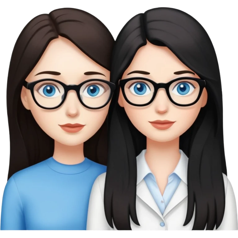 White skin long black haired woman with blue eyes with white skin long brown haired woman with blue eyes and glasses in love emoji