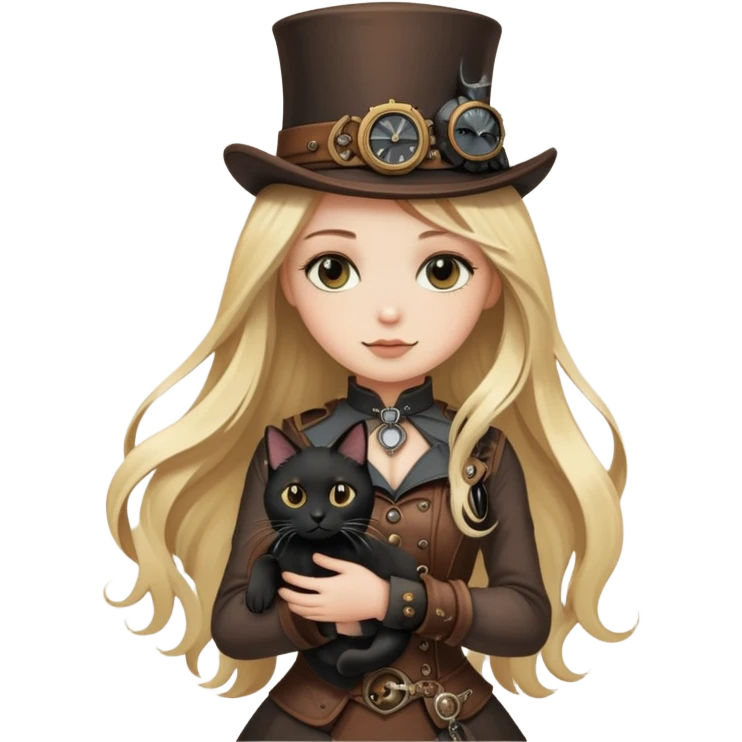 Nice blond long hair girl with steampunk cloth kindhearted and have a black cat emoji
