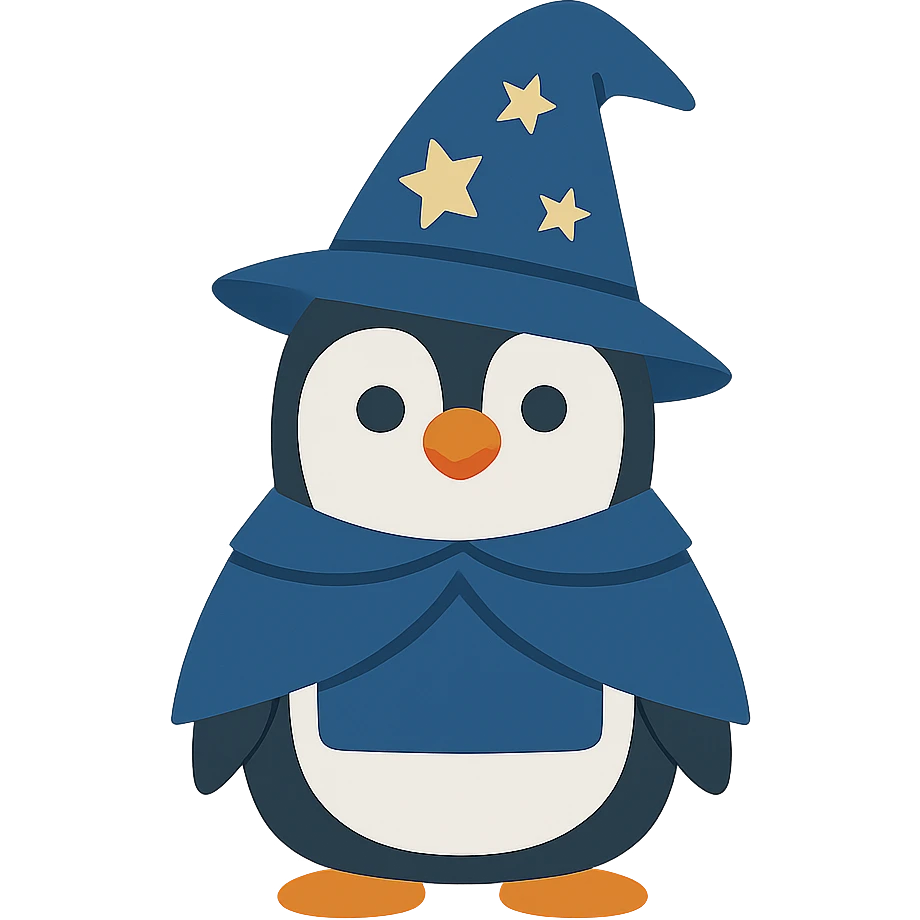 flat design style penguin wizard with a starry hat emoji