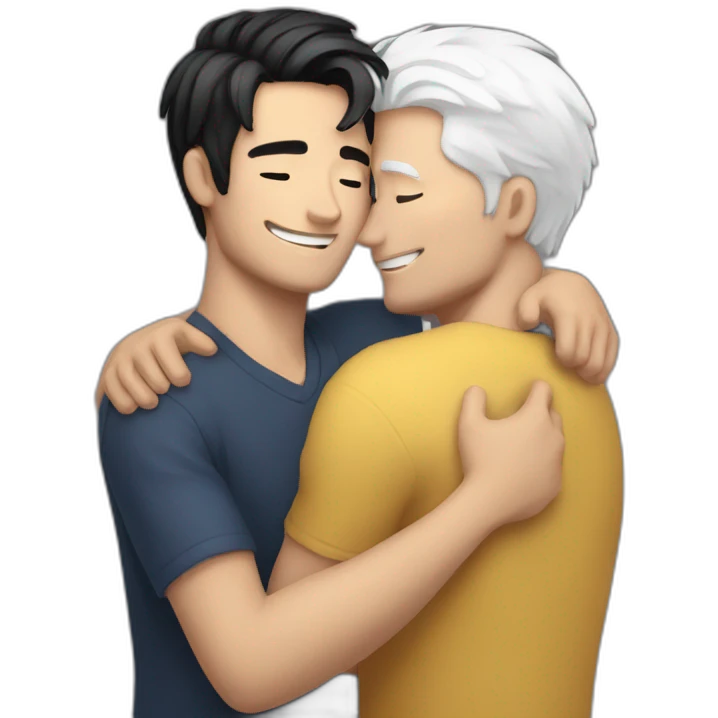 white haired guy and black haired guy hugging emoji