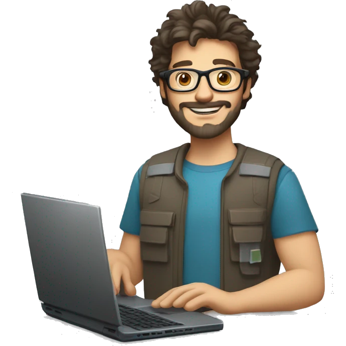 man with light skin, short messy hair, dark brown hair, with glasses, with a beard and short bogey. Happy computer technician with a laptop emoji