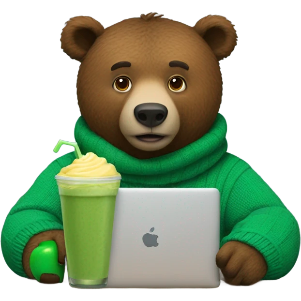 brown bear with a green sweater who is a software programmer and has an apple laptop and a smoothie emoji
