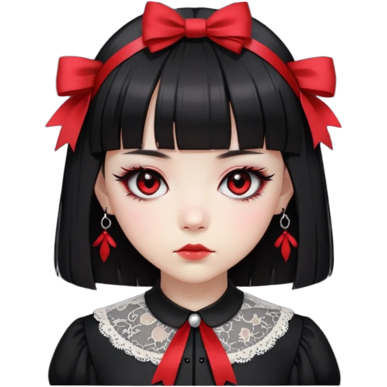 Cute East Asian girl, pale skin, straight bangs, black inward bob. Wearing gothic dress with lace collar, red eyeshadow, black ribbon headband, serious expression emoji