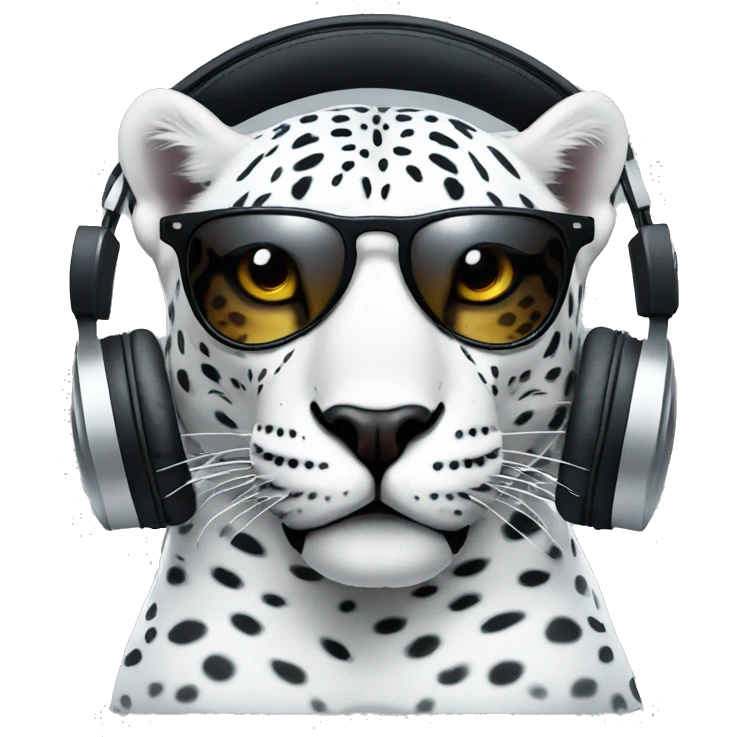white jaguar dj, emoji head, looking forward, wearing cool sunglasses, wearing over-ear headphones on top of head emoji