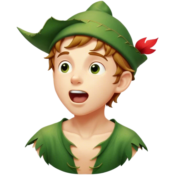 Cinematic Realistic Peter Pan Portrait, head tilted slightly with a dramatic, wide-open yawn, revealing a relaxed yet spirited expression. His detailed tunic and cap, paired with a gentle, ambient glow, capture a tender moment of vulnerability amidst his eternal quest for adventure. emoji