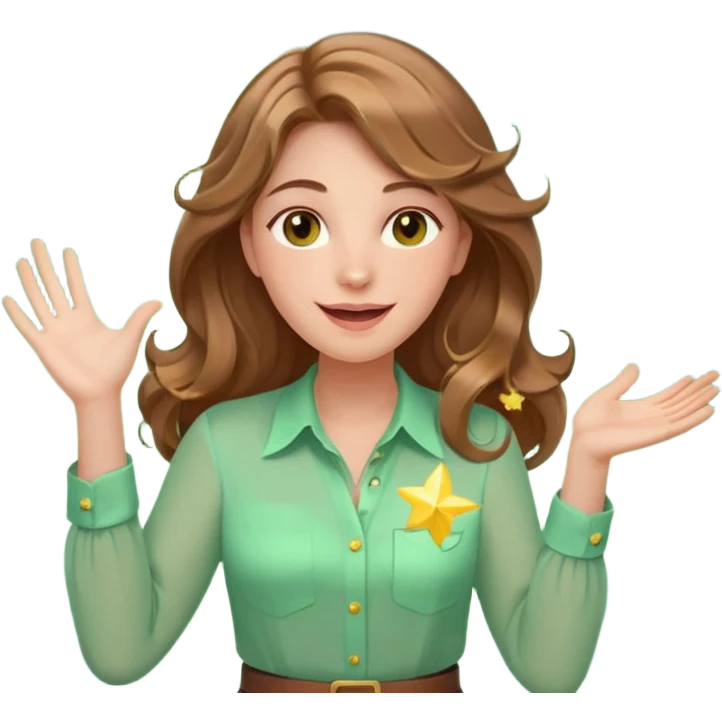 Joyful and imaginative woman with fair skin, long wavy light brown hair, hazel eyes, wearing a light green blouse with yellow accents, holding a glowing lightbulb and gesturing outward. Surrounded by stars, sparkles, speech bubbles, a paper plane, and a small heart. Waist-up, front-facing emoji