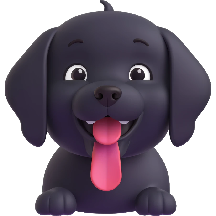 black dog, 3D emoji style, shiny and rounded, happy face emoji