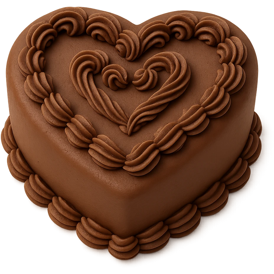 heart-shaped chocolate fondant cake with piped swirls, transparent background emoji