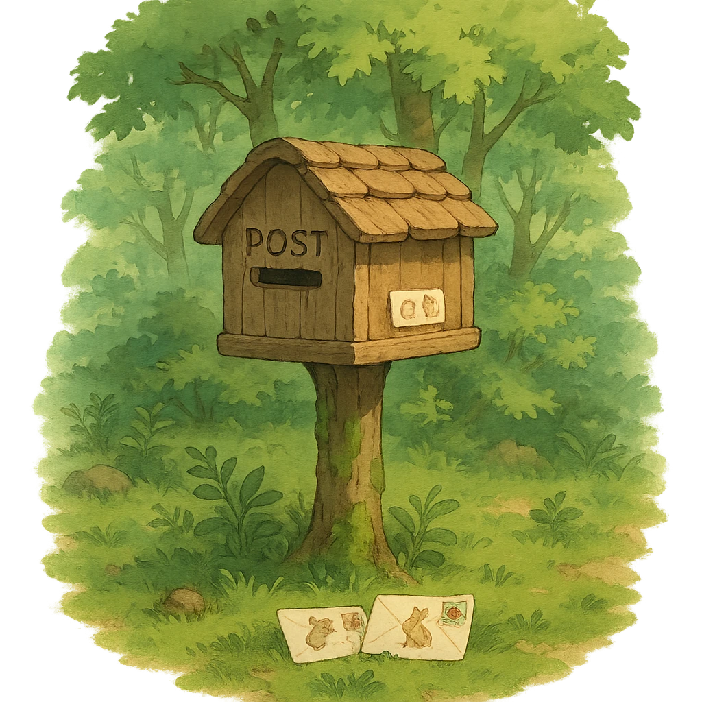 forest mailbox with tiny animal letters, cozy woodland theme, soft ghibli style emoji