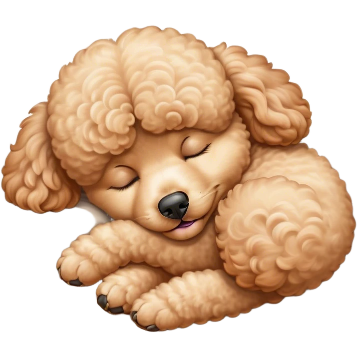 Meme-Worthy Cute Sleeping Apricot Poodle Portrait Emoji, Head resting peacefully with a contented smile, showcasing a delightfully elegant build and a luxuriously soft, curly apricot Fur, eyes shut in a serene nap, Simplified yet hilariously adorable features, highly detailed, glowing with a soft, drowsy light, high shine, relaxed and utterly lovable, stylized with an air of playful laziness, bright and heartwarming, soft glowing outline, capturing the essence of a comically sleepy companion, so meme-worthy it feels like it could instantly become the next viral sensation of adorable slumber! emoji