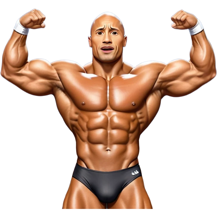 Dwayne 'The Rock' Johnson on stage at the Mr. Universe bodybuilding competition, covered in oil, flexing his powerful muscles. His physique shines under bright stage lights, showcasing his strength and dedication. The audience and judges are blurred in the background. Transparent background. emoji