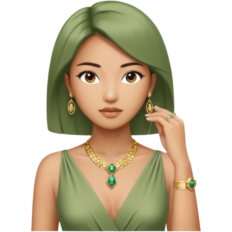 Aesthetic rich Asian woman in sage green Versace dress and Cartier jewelleries, front view emoji