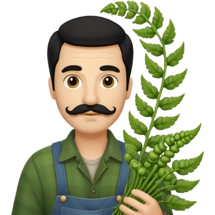farmer emoji holding a bunch of fiddlehead ferns, black hair, moustache, light beard, inspired by the attached reference photo emoji
