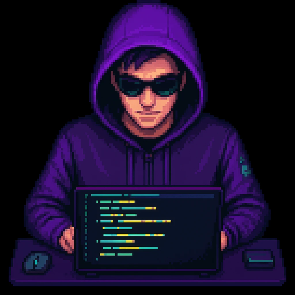 Make the pixel art hacker actively coding on a laptop, with glowing code on the screen, keep the pixel art style emoji