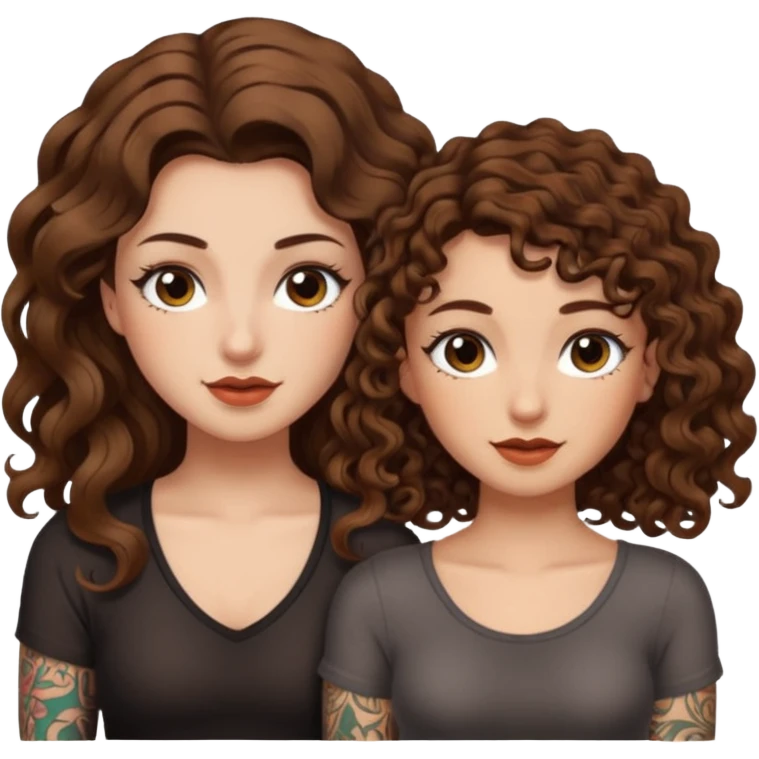 pact wink — long wavy brown hair tattooed woman and short tight curly brown hair woman — secret look emoji