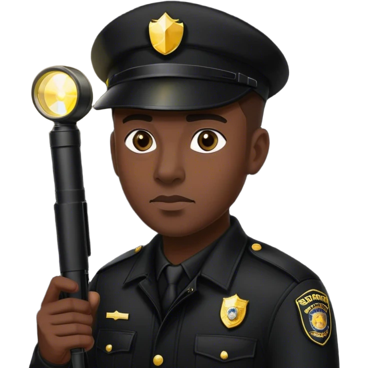 A vigilant male security guard wearing a black uniform, a cap with ‘SECURITY’ embroidered on it, and a black jacket. He holds a flashlight near his face, shining its beam forward, with a focused and alert expression. emoji