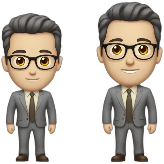Full height Pale skinned Fit Man With dark brown hair in classic gray suit, beige office shirt, dark gray tie, and vintage glasses. His hands lock emoji