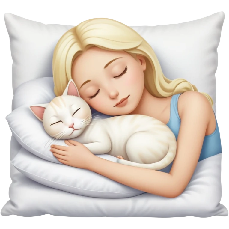 blonde girl sleeping on white pillow with white cat emoji