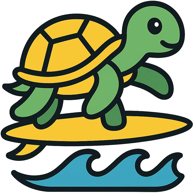 surfing turtle, color outline icon style, clean lines, playful, modern emoji