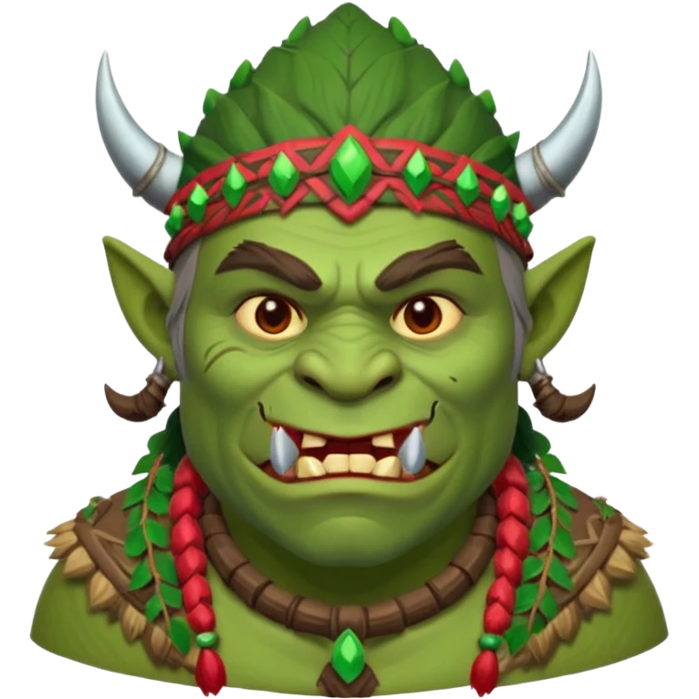Christmas fantasy orc icon, winter feast chief theme, tribal ornaments, joyful brutal expression, festive winter atmosphere, stylized emoji portrait, male/female variant
 emoji