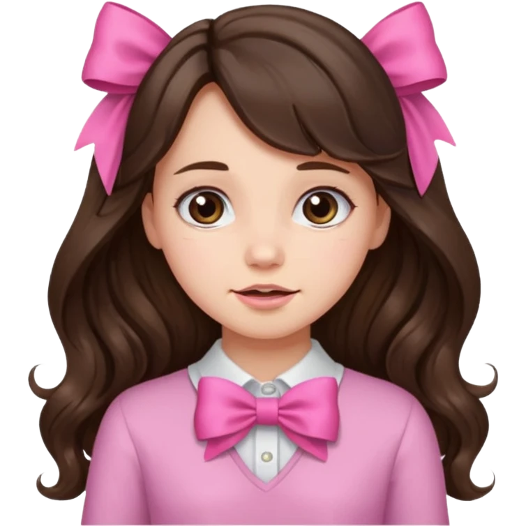 Brunette, long wavy hair, girl emotions and a pink bow emoji