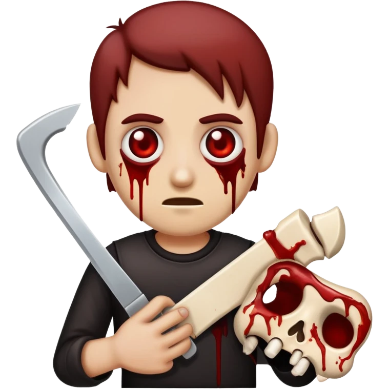 goregrind band member emoji, holding bone saw, blood-stained clothing, wild eyes emoji