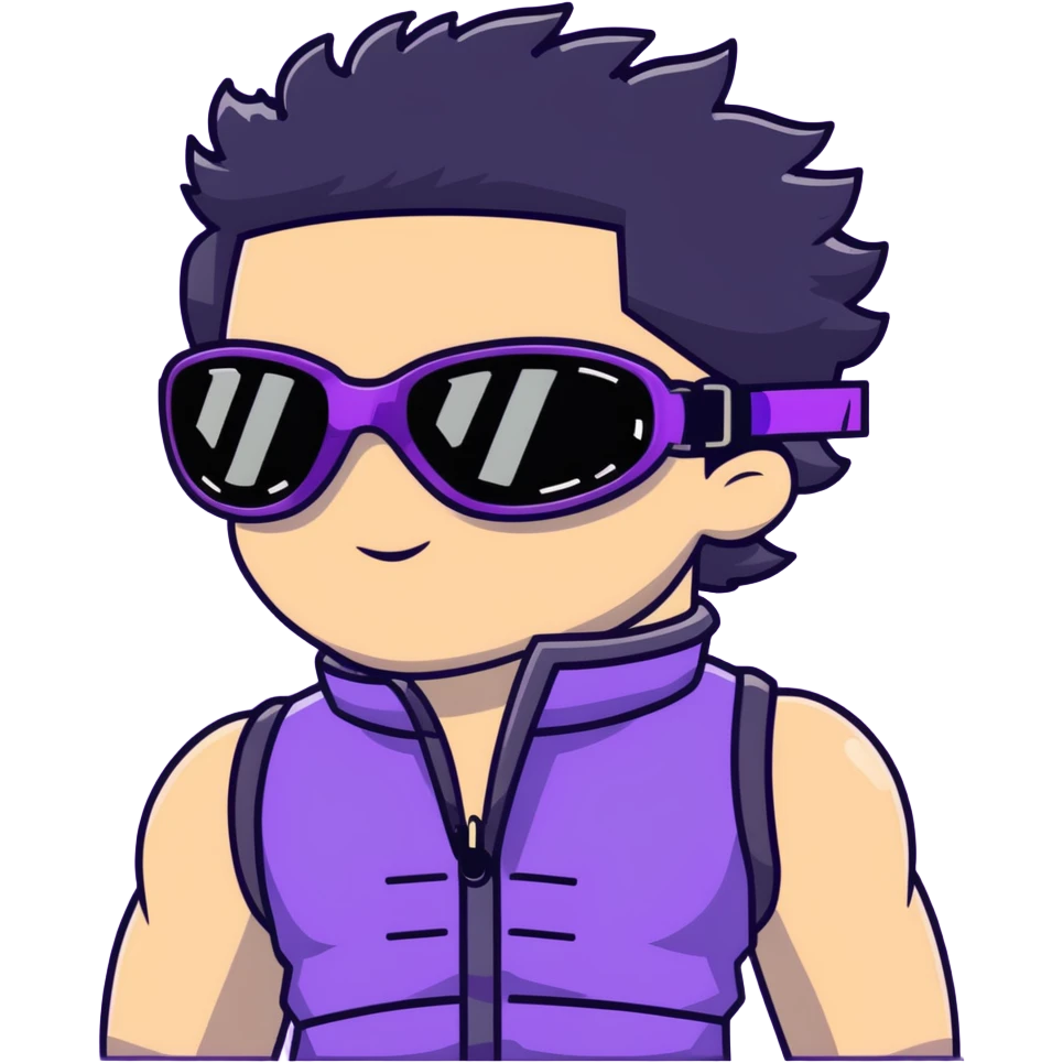 male athlete with white skin and moderately curly black hair on top with shaved sides, wearing ski goggles with purple frames and very dark black lenses, a simple plain black chain necklace, and a completely unzipped sleeveless vest with purple and black sequin fire pattern design with no logo or brand emblem, fully revealing his chest, shoulders and arms, no earrings emoji