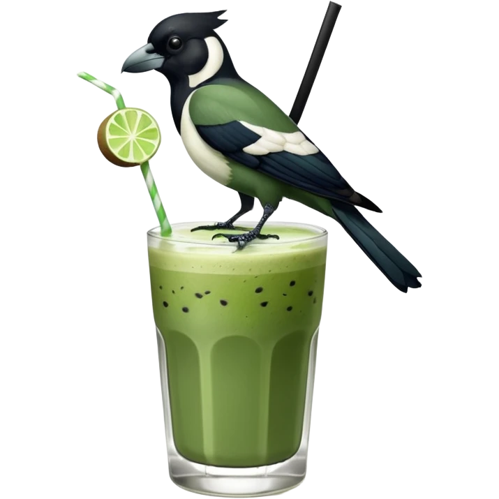 It’s an Australien Magpie sitting on an iced matcha latte on the edge of the glass. It has green matcha on its beak indicating it drank. The iced matxha latte is in a see through glass and white from the oat milk on the bottom and green on top…and there is a straw in the drink and ice cubes emoji