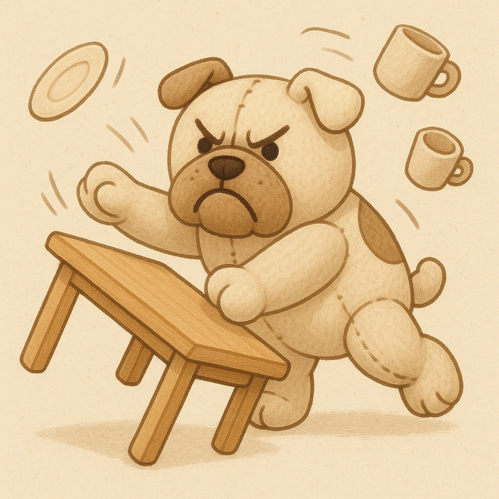 Angry English bulldog (ikea stuffy style) flipping a table emoji