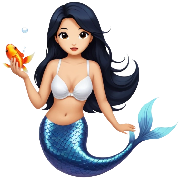 mermaid, long black hair tanned woman, koi fish tail, white shell bra. emoji only.  emoji
