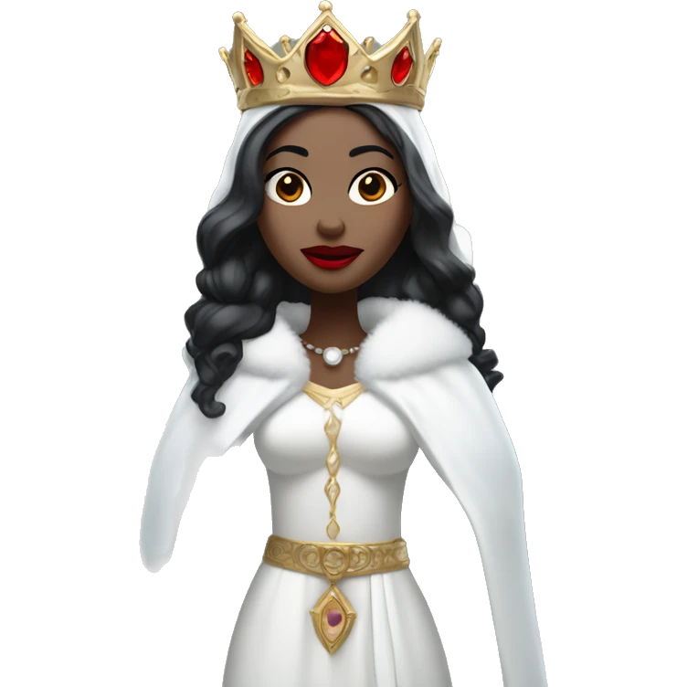 woman with pale skin and sharp facial features and bright red lips. She has black hair, and she wears a crown made of icicles. Dressed in white icy robes with fur accents” emoji