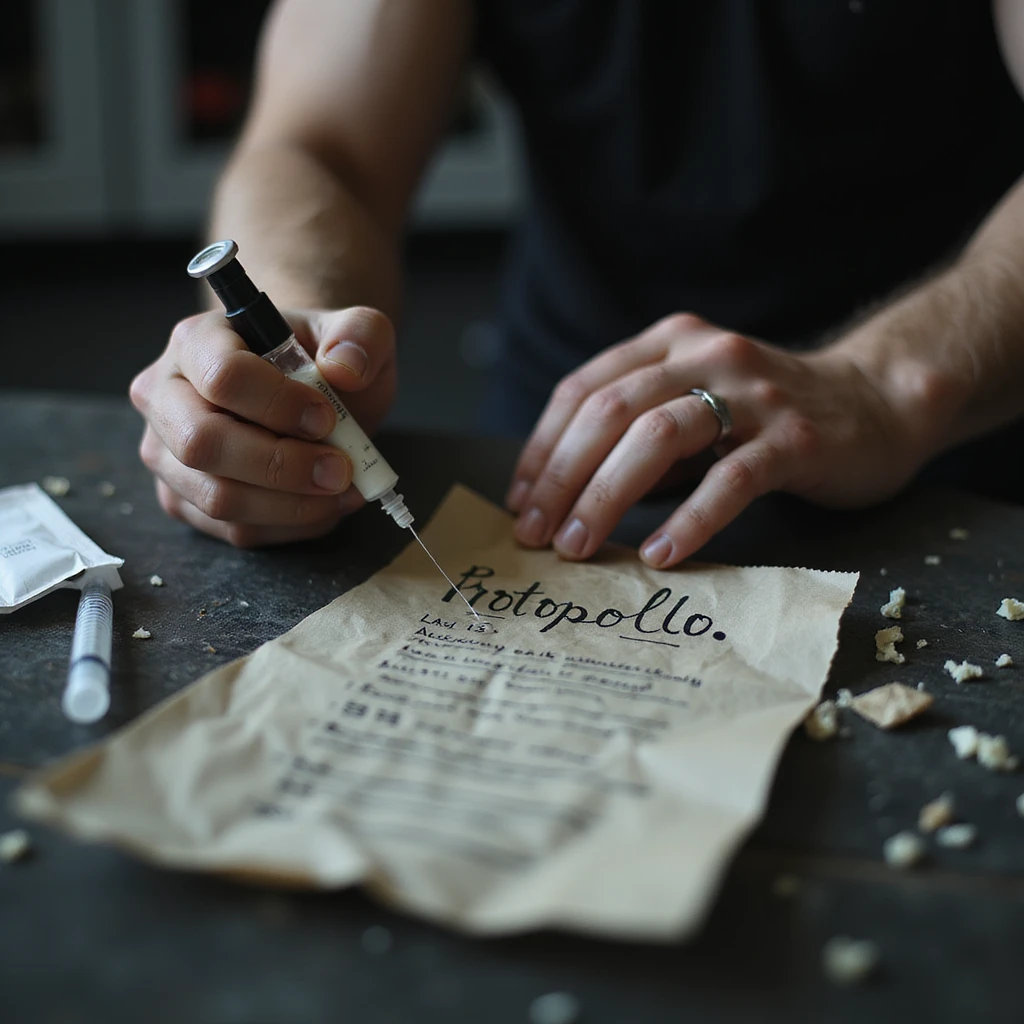 close-up of young bodybuilder's hand injecting unknown substance from unlabeled vial, crumpled paper labeled 'protocollo' in messy handwriting, syringe and alcohol wipes scattered, gym locker room background, hyperrealistic 4K, tense secretive mood emoji