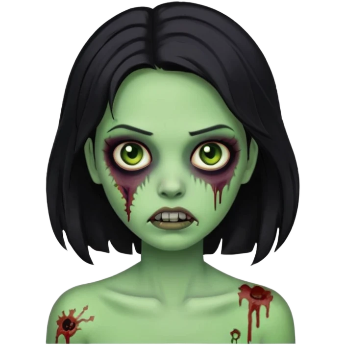 Menina zumbi com cabelo preto médio e verde e zumbi emoji